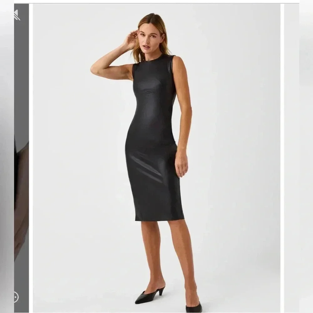 SPANX Leather-Like Sleeveless Sheath Dress Luxe Black / S